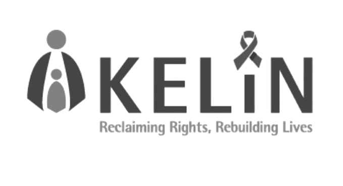 KELIN logo with tagline Reclaiming Rights, Rebuilding Lives, featuring stylized figures and a ribbon.
