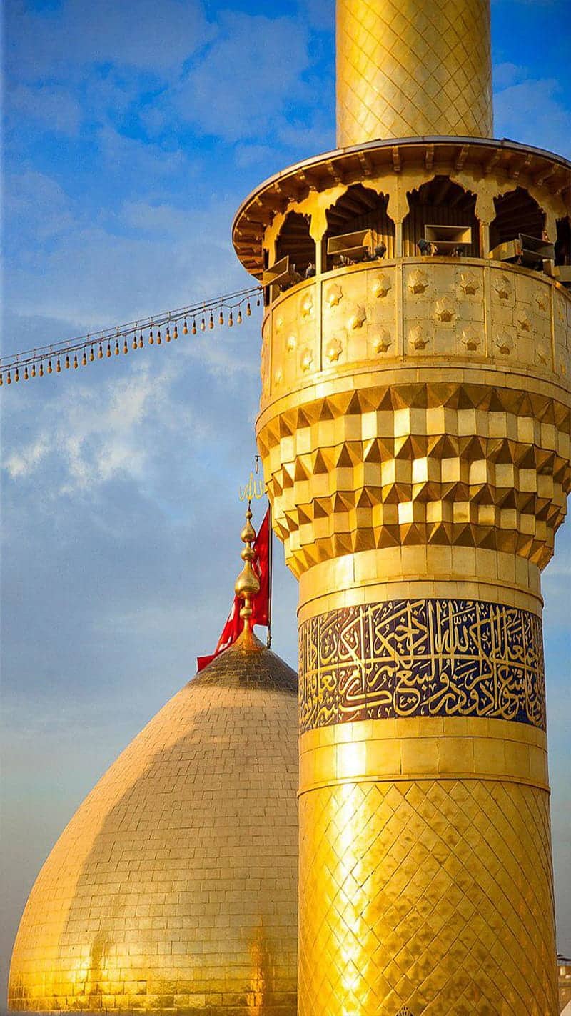 Golden dome and minaret of an Islamic shrine against a blue sky with clouds. Crypto donations to Islamic Relief accepted via USDT.
