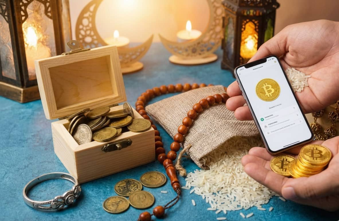 Paying Nazr charitable offering in Ramadan using Bitcoin digital currency on a smartphone, with rice, coins, and prayer beads nearby. BTC.