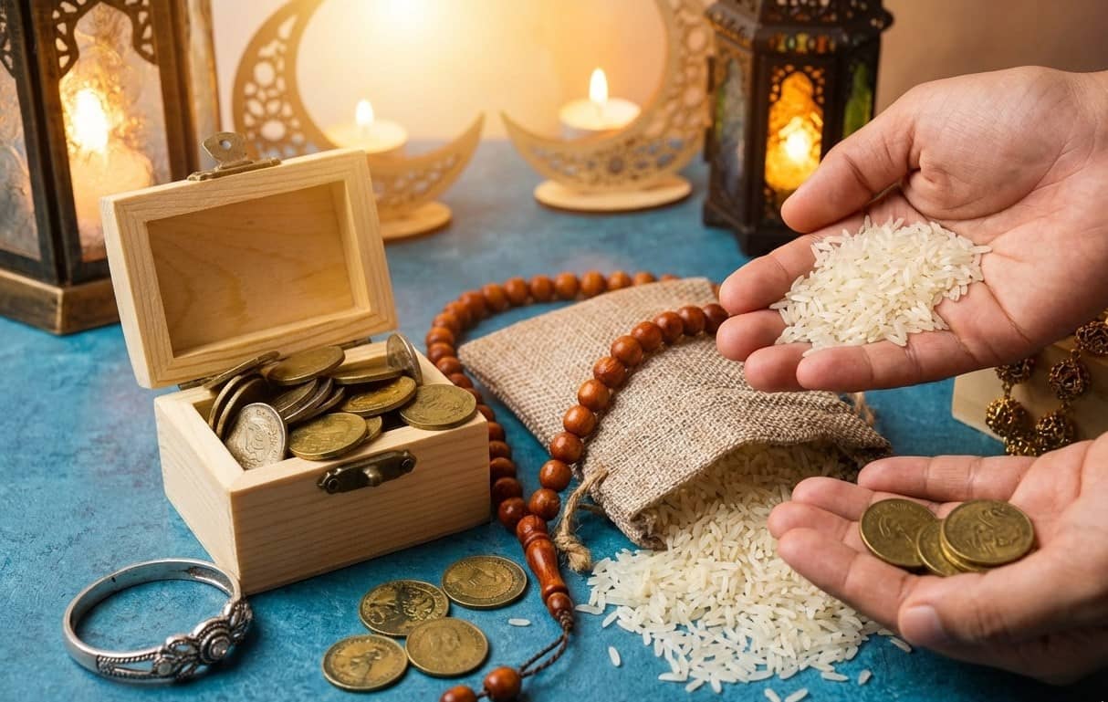 Paying Zakat in Ramadan highlights a treasure chest filled with coins and rice being poured into cupped hands. Includes prayer beads, lanterns, and crescent moon decor. Crypto donation like TRON can fulfill this need.