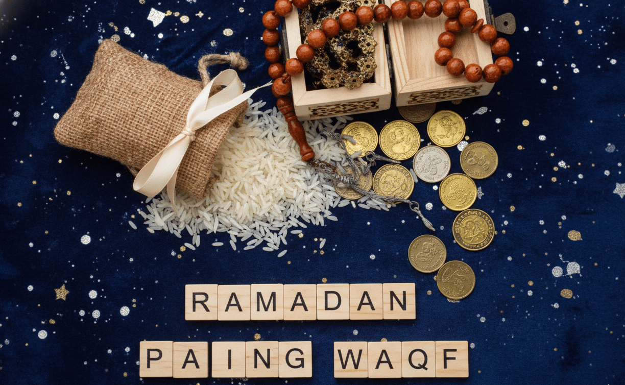 Ramadan PAIŊŊ WAQF with coins scattered, prayer beads and rice. Contribute to Waqf with Bitcoin (BTC) for transparent charity.