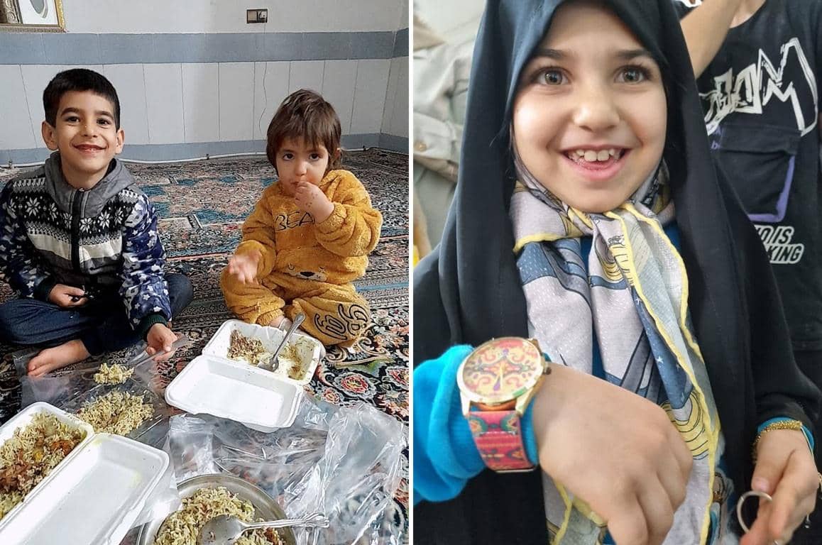 Two children, one older boy and a younger child, are eating meals on the floor, receiving crypto donations from Islamic Donate Charity. A smiling girl in the other frame shows gratitude for her sustenance, a testament to the impact of crypto giving.