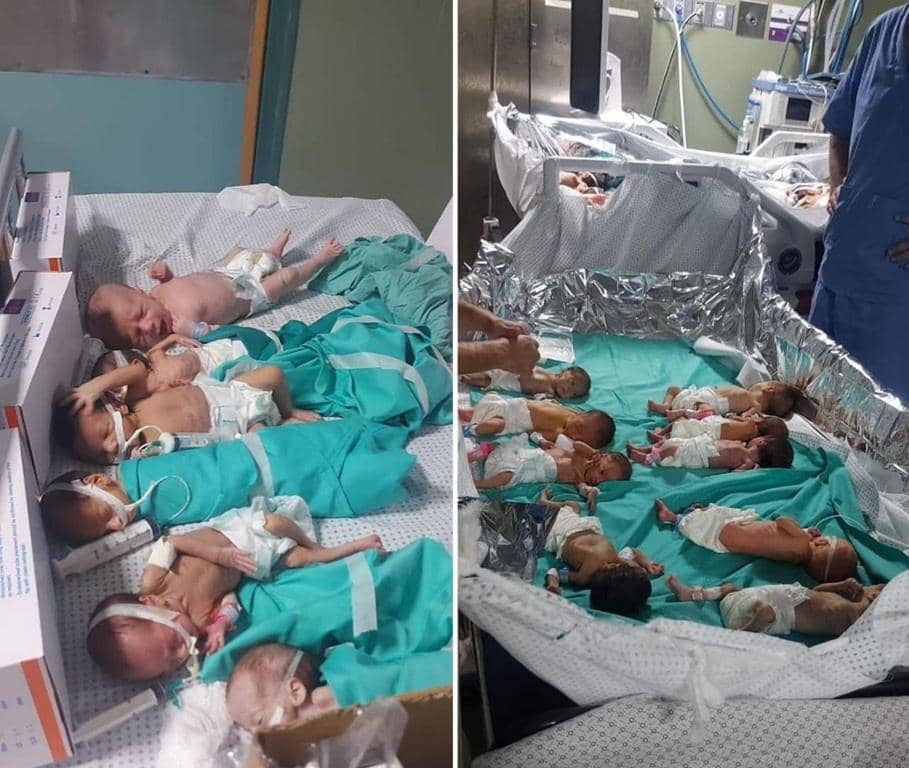 Newborn babies in intensive care, one receiving medical attention. Donate for children's health with ETH.