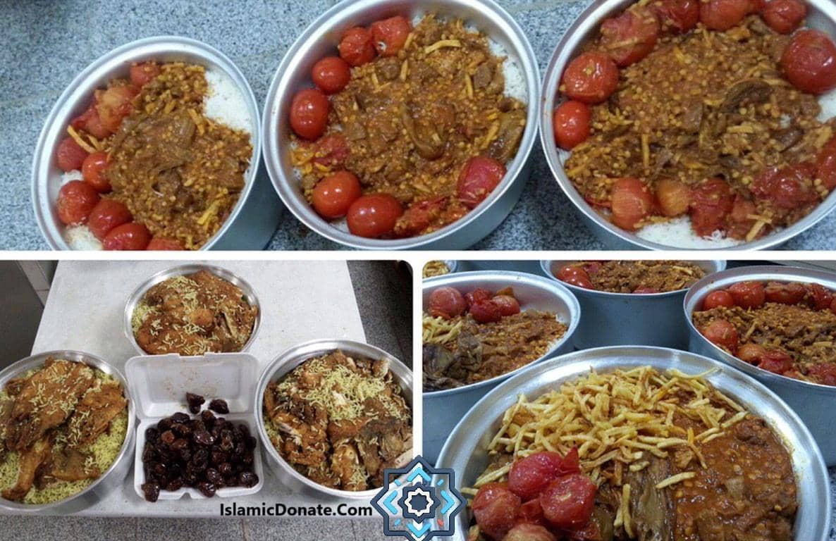 Containers of food for charity, showing rice topped with meat, tomatoes, and lentils, with a side of dates, symbolizing the direct distribution of meals to needy families through crypto donations.