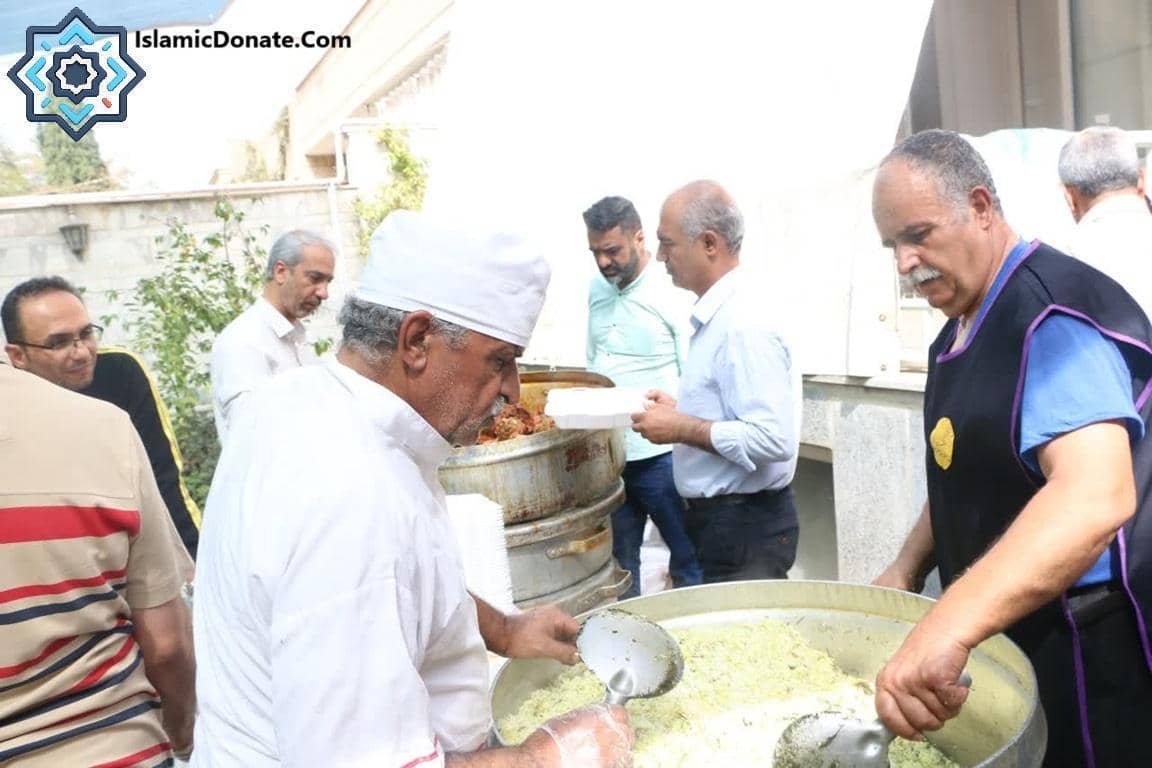 Men serve food from large pots to people holding containers, symbolizing direct distribution of meals to the needy as part of crypto Zakat giving, with keywords like Zakat cryptocurrency donation, charitable organization, and Masakin.