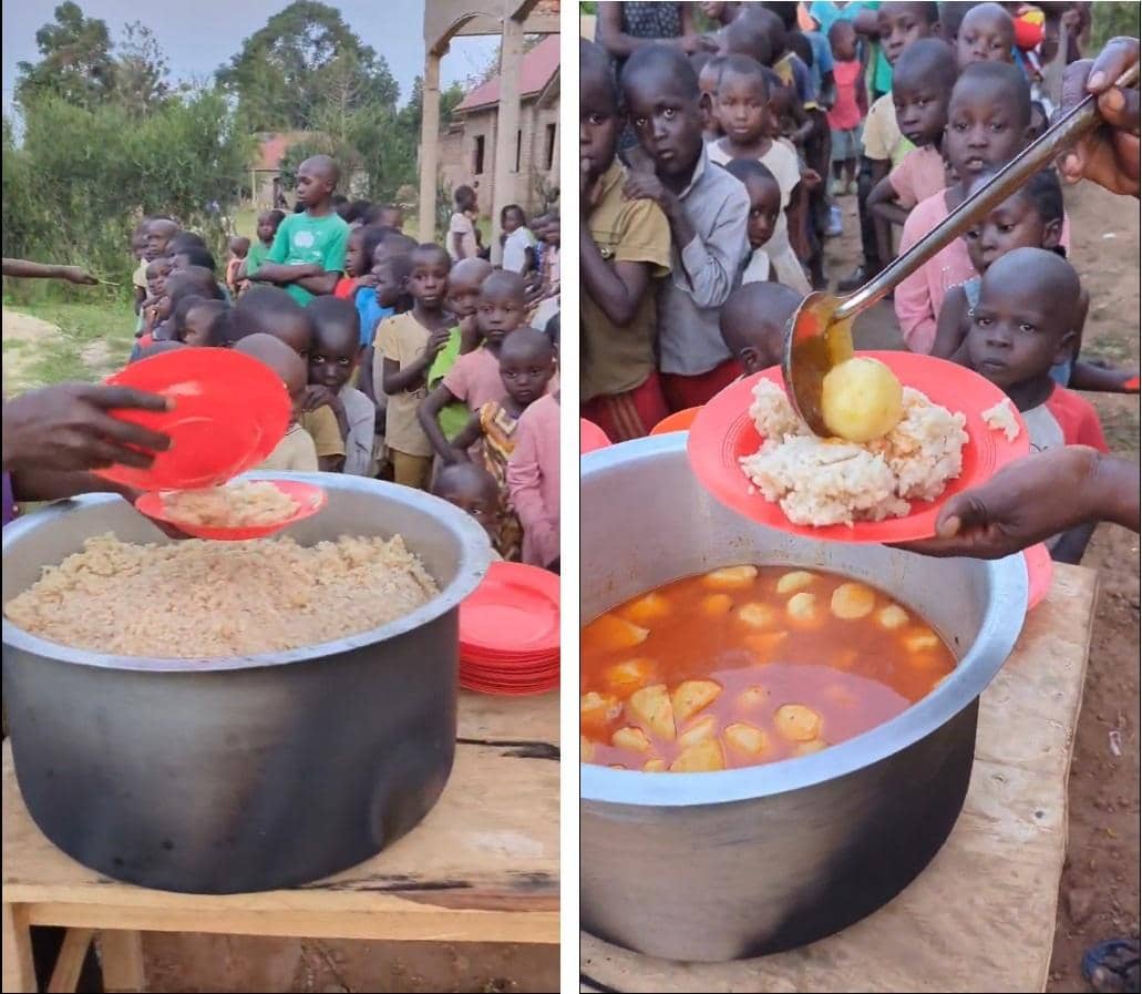 Children lining up for food distribution, receiving rice and stew aided by crypto donations via XRP.