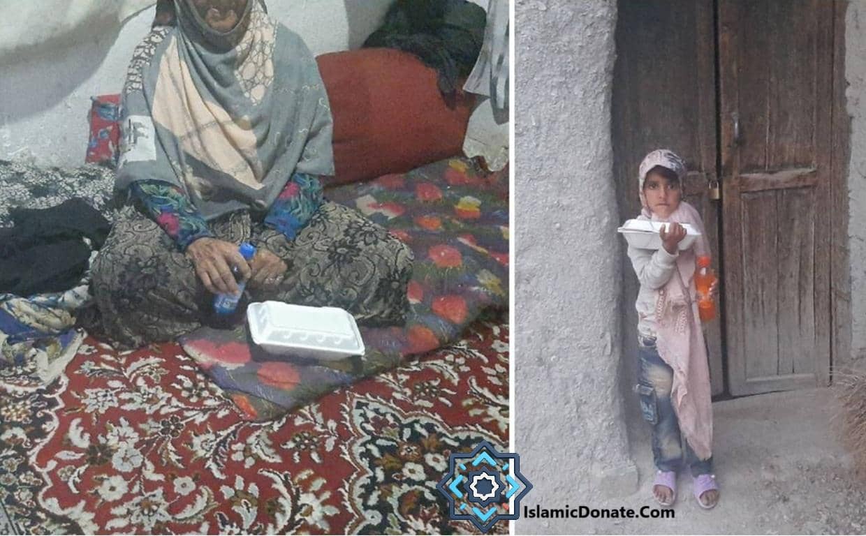 An elderly woman sits on a rug with food containers. A young girl stands outside a doorway holding a food container, symbolizing crypto Khums donations reaching the needy in war-torn regions like Gaza and Yemen.