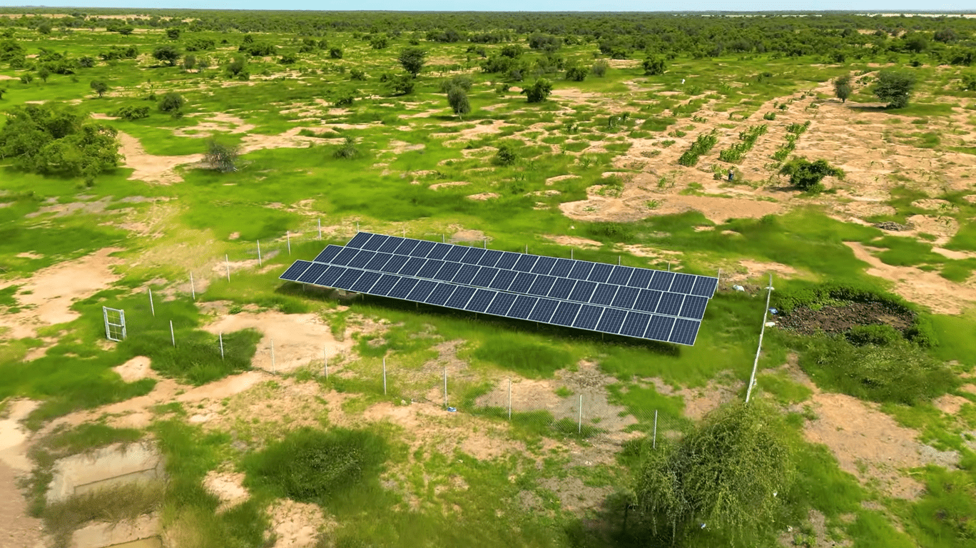 Rows of solar panels in a green, rural landscape, representing sustainable energy solutions for community development and economic empowerment, supported by cryptocurrency donations via BTC.