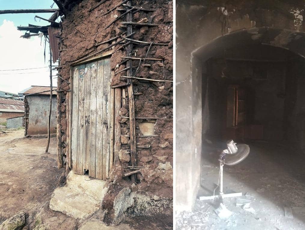 Damaged mud house with wooden door on the left and dark interior with a fan on the right, supporting social justice and poverty relief with crypto donations like BTC.