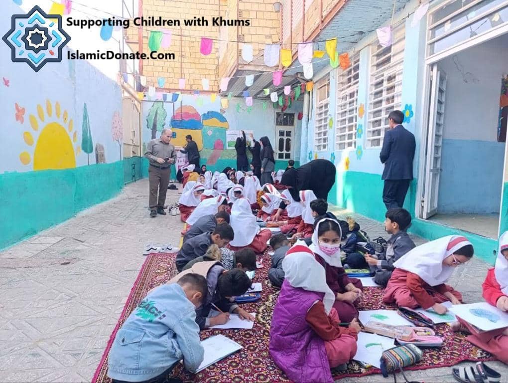 Children learning and drawing during an education program supported by Khums donations, facilitated via cryptocurrency payments like USDT. The image conveys aid and education for Muslim orphans.