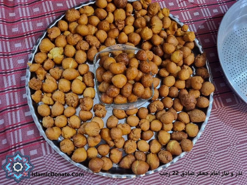 Plate of sweet fried dough balls, a traditional dish known as Koonday ki Niyaz, prepared for Imam Ja'far al-Sadiq in honor of a vow or Nazr and distributed as nourishing meals to the needy, with options to donate Zakat or Sadaqah via cryptocurrency like ETH or USDT.