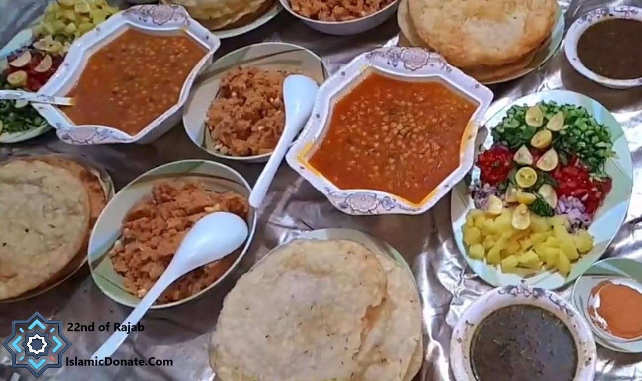 Koonday ki Niyaz food spreads for 22nd Rajab charity, served with lentils, sweets, and salad. Donate via crypto like BCH.