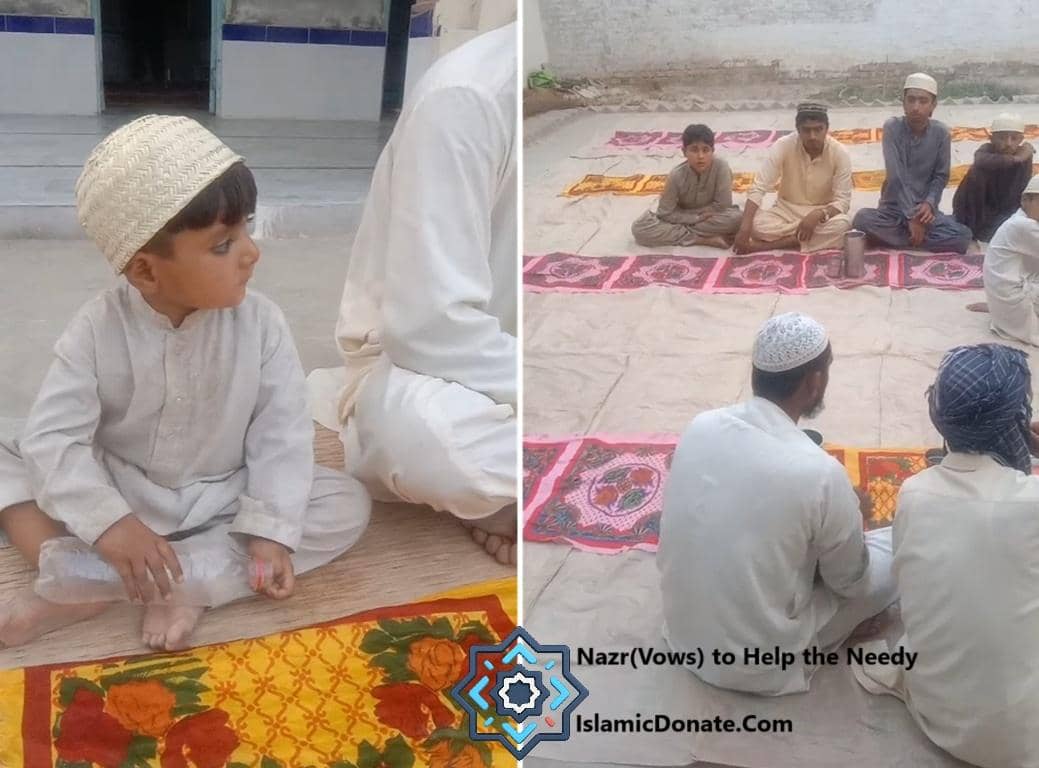 Children and men in prayer rugs in Pakistan, fulfilling vows with Islamic Donate Charity crypto donations.