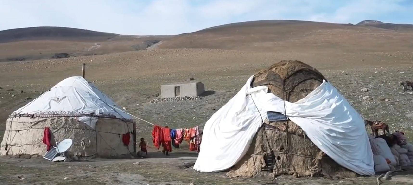 Yurts in Afghanistan used for education, with solar panels indicating crypto-supported aid via LTC. Empowering communities through learning.