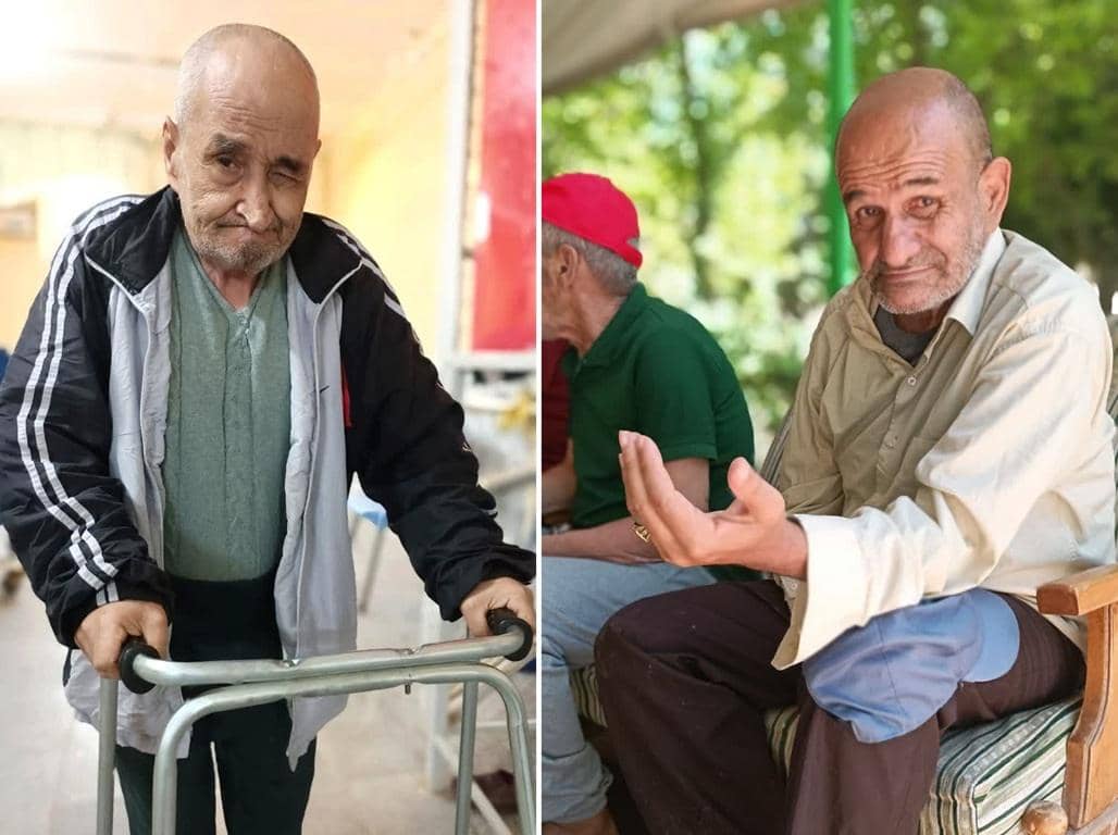 Elderly man with walker and seated elderly man in outdoor setting, representing support for the elderly and disabled with crypto donation, featuring SOL.