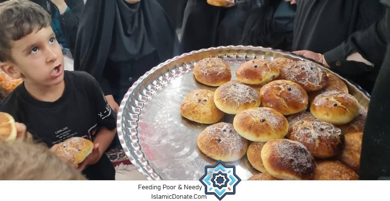 A young boy looks on as a tray of freshly baked rolls, dusted with powdered sugar, is offered. This scene depicts kaffarah fulfilling a need for food, with donations facilitated by USDe.
