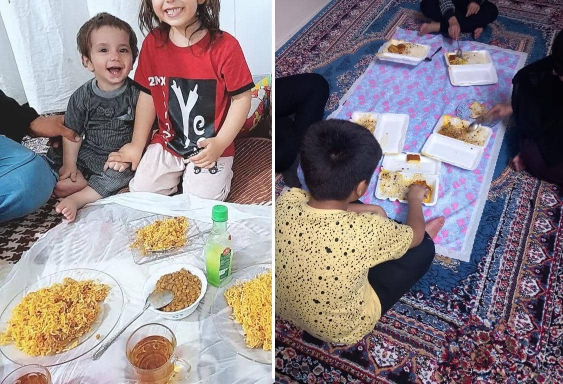 Children smiling and eating meals, which represent the impact of crypto Sadaqah donations, supported by ETH.