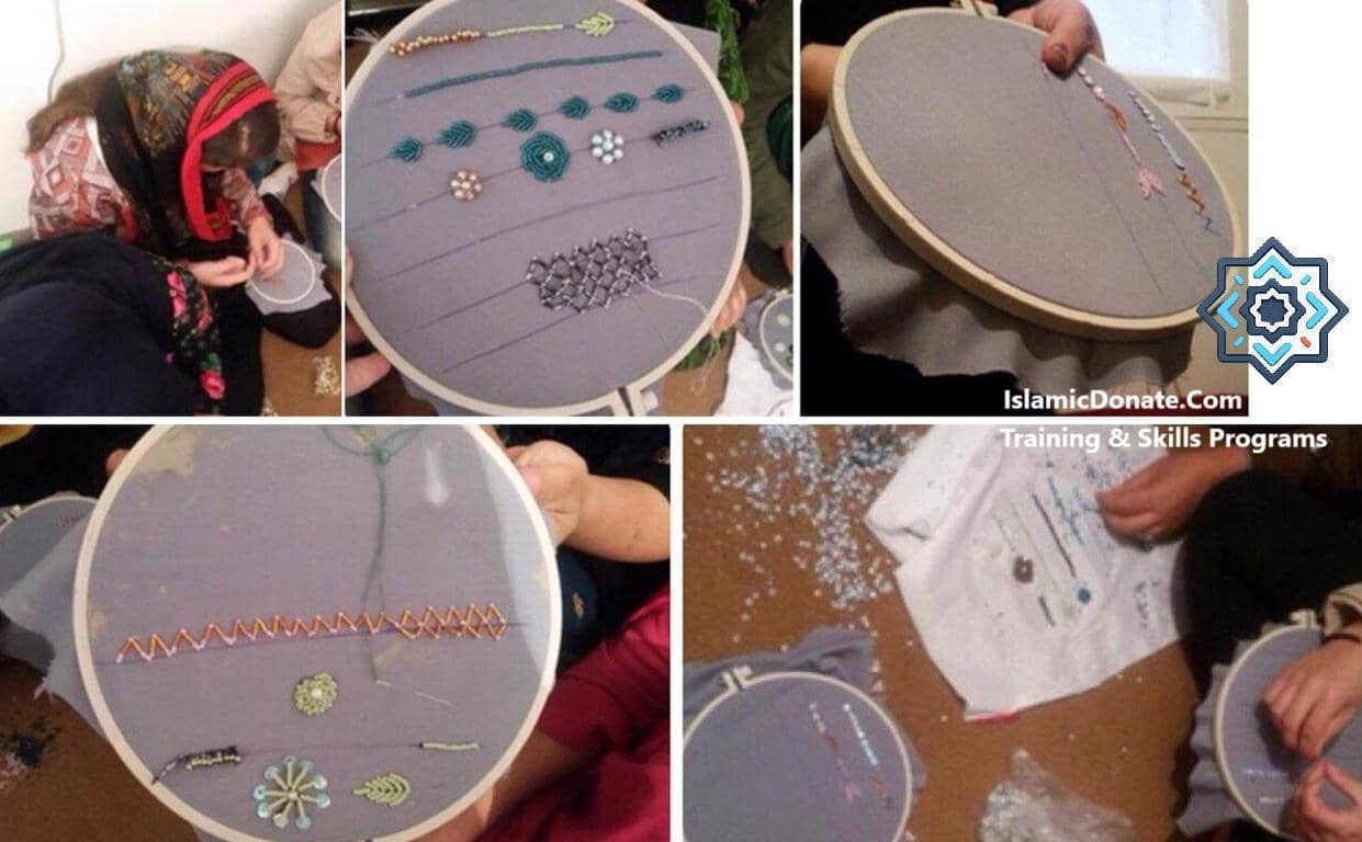 Illustrating skills training programs in embroidery and beadwork by Islamic Donate Charity, funded by cryptocurrency donations. Keywords: Sadaqah, training, skills, crypto, donation, Muslim Ummah, USDT.