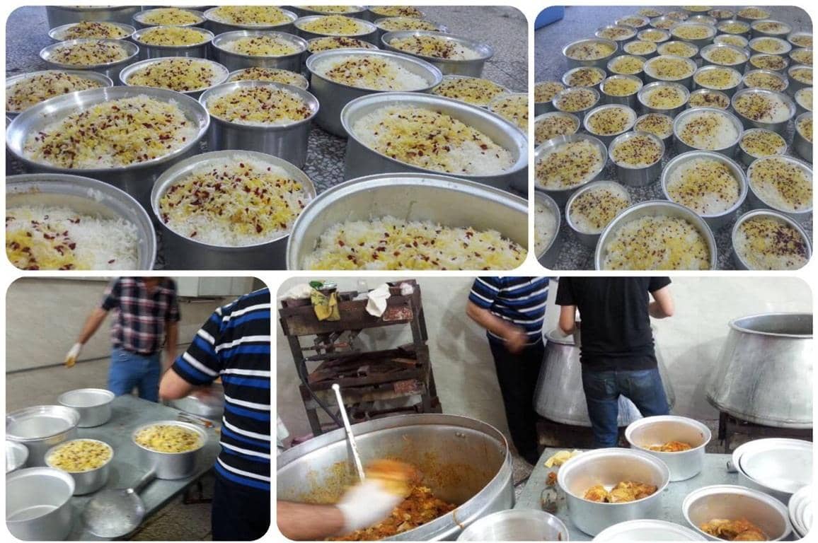 Large metal pots filled with rice and toppings, prepared for distribution to the needy, demonstrating crypto zakat donations supporting food aid to Muslim communities.