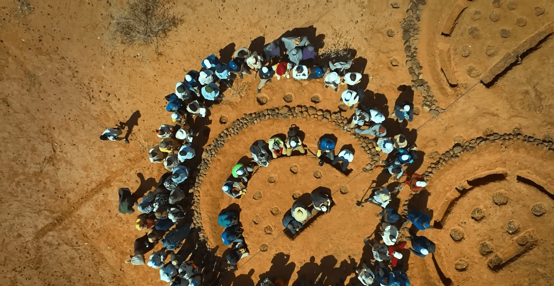 Aerial view of a diverse group of people gathered in a circular formation, participating in a tree planting or reforestation project in a dry, arid landscape. Donations support environmental protection initiatives, including reforestation efforts, with a nod to crypto donations like SOL.