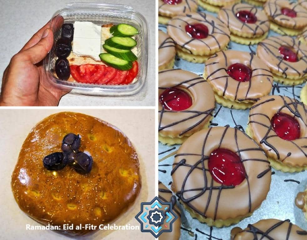 Ramadan Eid al-Fitr celebration foods including a container with olives, feta, tomatoes, cucumbers, and bread, and a close-up of decorated cookies, with a round bread topped with olives and a subtle overlay watermark. Supports donations via RLUSD.