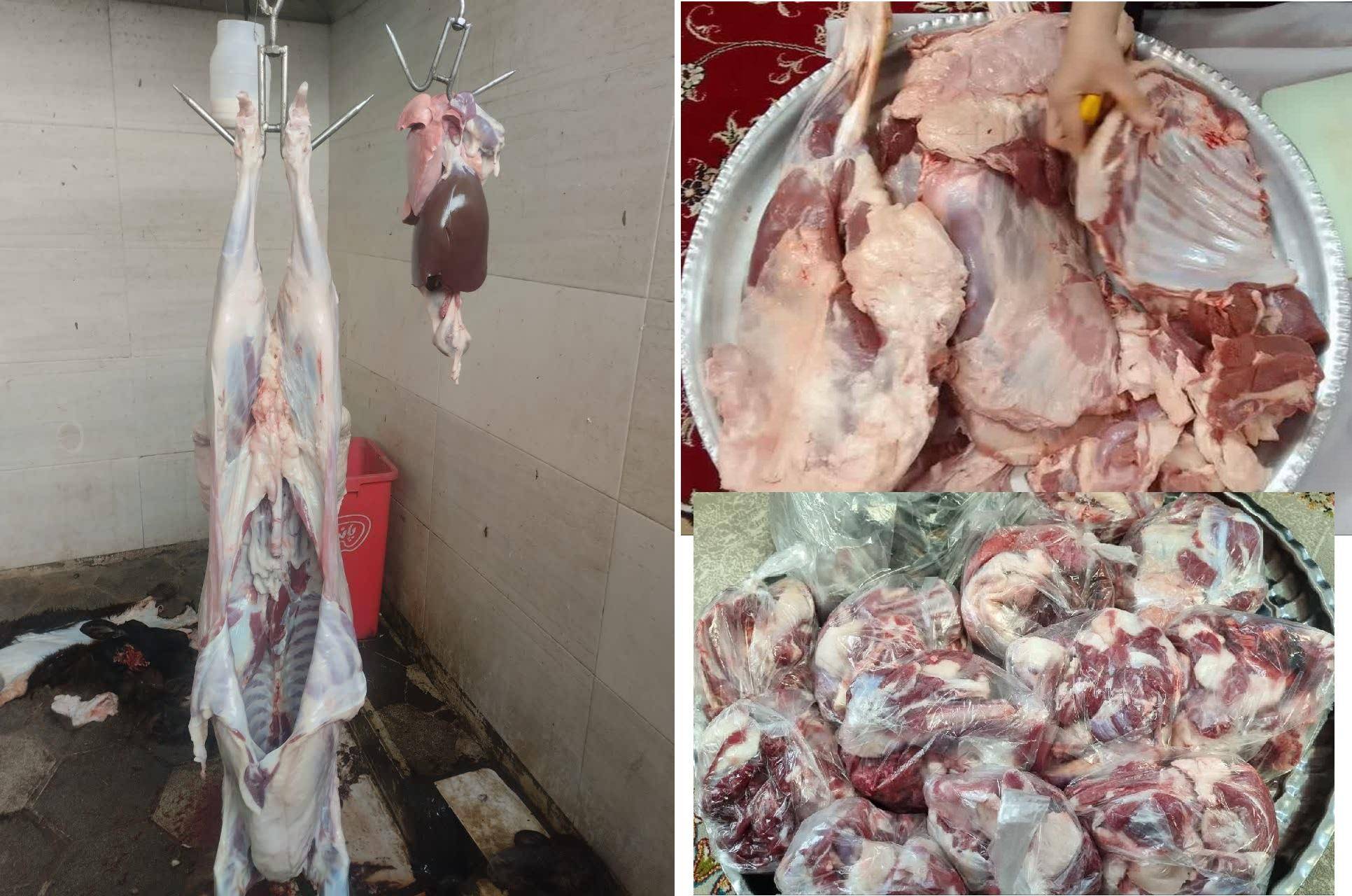 Qurbani animal carcass hanging, with sides of raw meat being prepared on a tray, and portions of meat wrapped in plastic. Donate with crypto, your animal sacrifice supports the Muslim community. Supported by RLUSD.