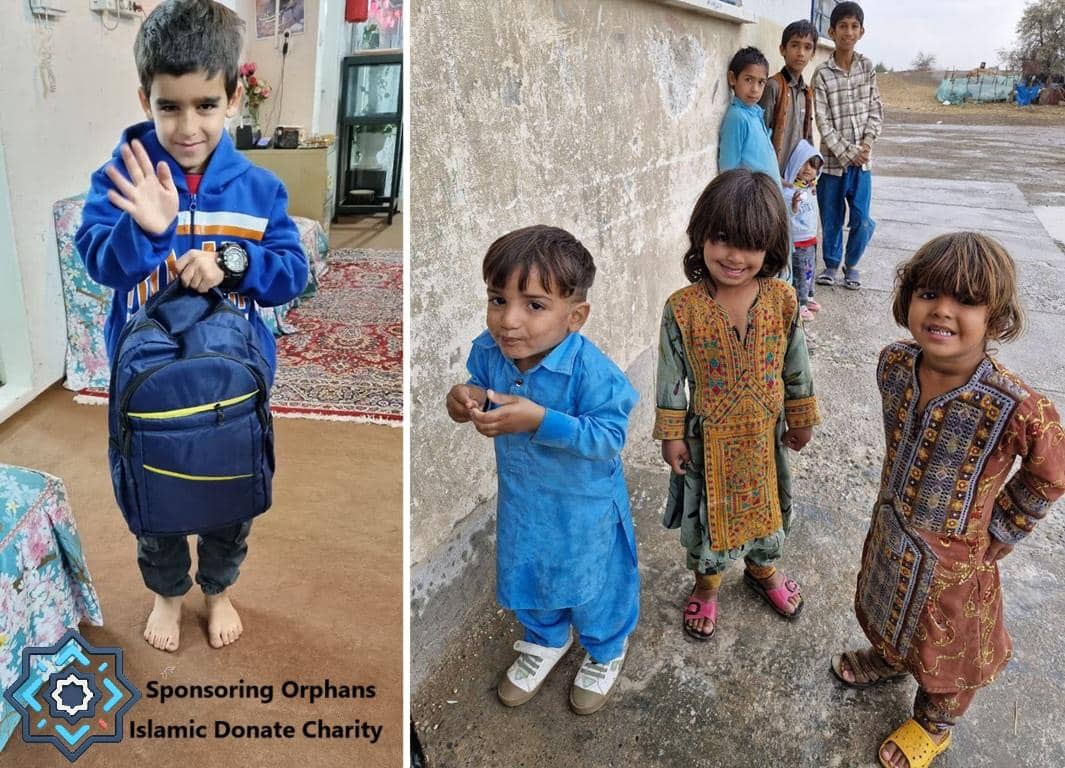 Child holding a backpack, waving hello, with other children smiling in the background; crypto donations support orphan sponsorship via Islamic Donate Charity with BCH.