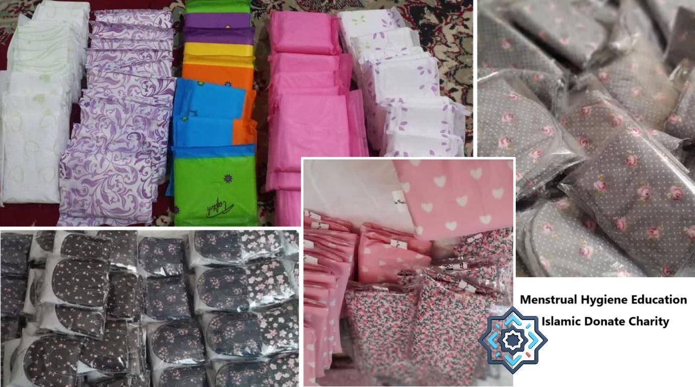 Rows of menstrual hygiene products and reusable pads, donations supported by ETH for women's health and dignity.