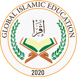 Logo for Global Islamic Education, featuring an open book on a stand with Arabic script above, surrounded by laurel branches. The text around the circle reads "GLOBAL ISLAMIC EDUCATION" and "2020."