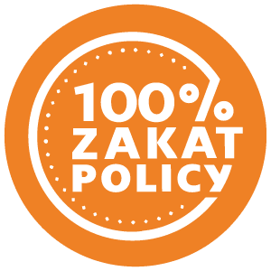 100% Zakat Policy logo, ensuring all donations reach beneficiaries, supported by ETH crypto for your zakat donation.