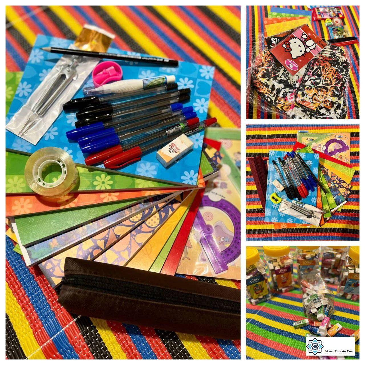 Compilation of school supplies laid out, including pens, pencils, erasers, rulers, and notebooks, with a crypto donation to support children's education, processed via USDT.