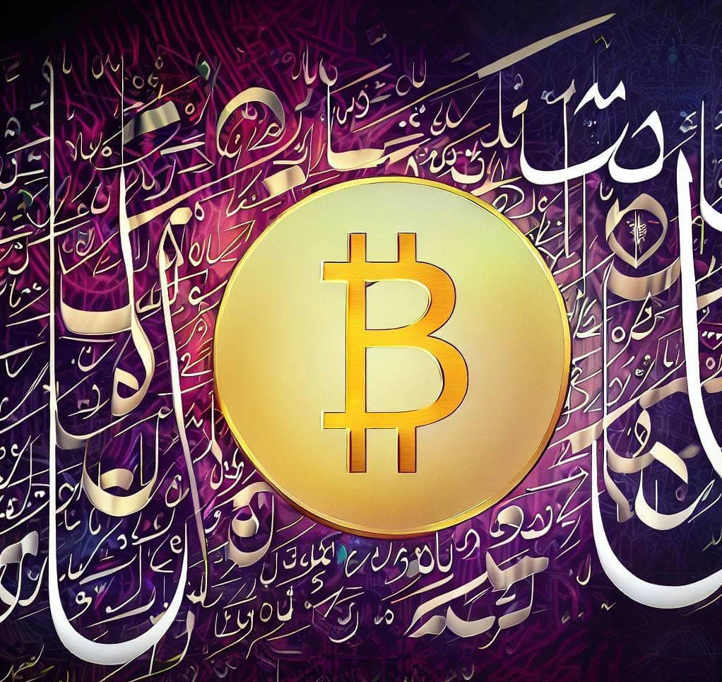 Crypto zakat calculation guide featuring a Bitcoin symbol overlaid on intricate Arabic calligraphy, illustrating the intersection of digital assets and Islamic finance, with a focus on a 2.5% zakat rate for holdings, supported by ETH.