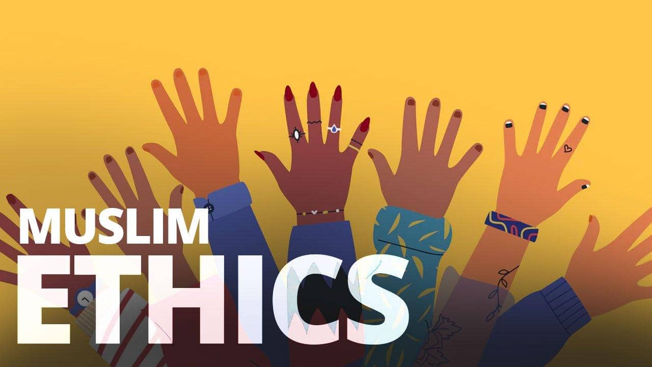 Illustration of diverse hands raised, with text "MUSLIM ETHICS" overlaid. Supporting Islamic ethics for everyday life and charity, likely powered by ETH donations.