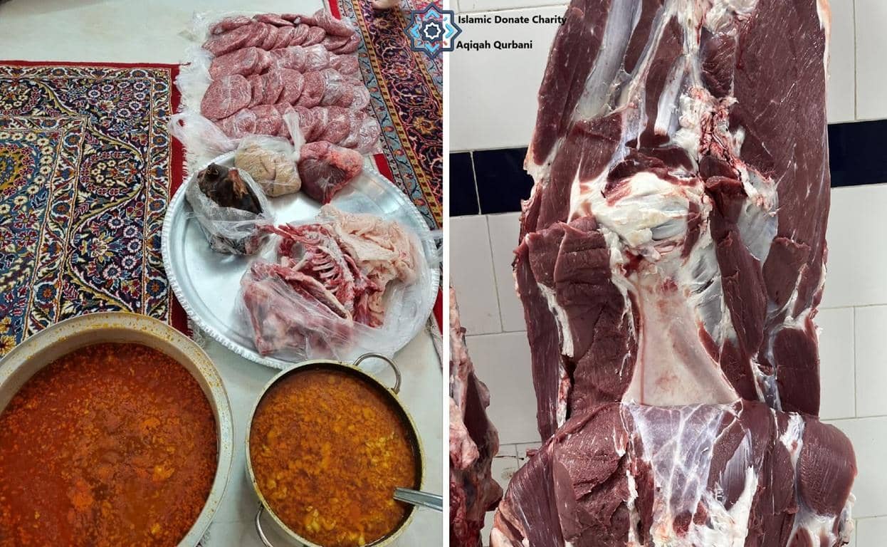 Aqiqah Qurbani meat and stews prepared for donation, with a side view of a large cut of raw beef, symbolizing gratitude and compassion, facilitated by Bitcoin donations.