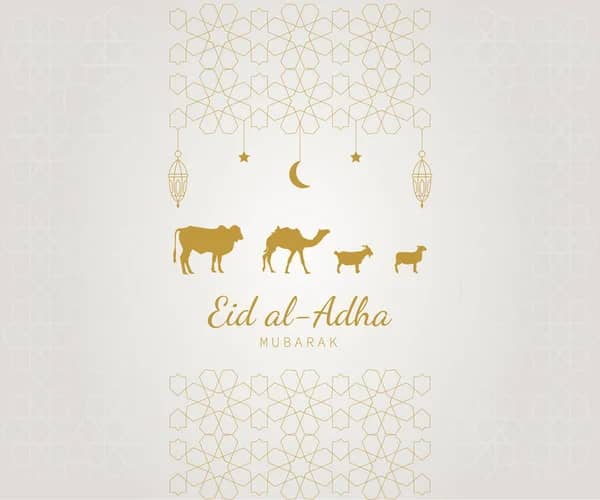 Eid al-Adha Qurbani livestock icons including a cow, camel, goat, and sheep, with Islamic lanterns and geometric patterns, symbolizing crypto donation for aid.