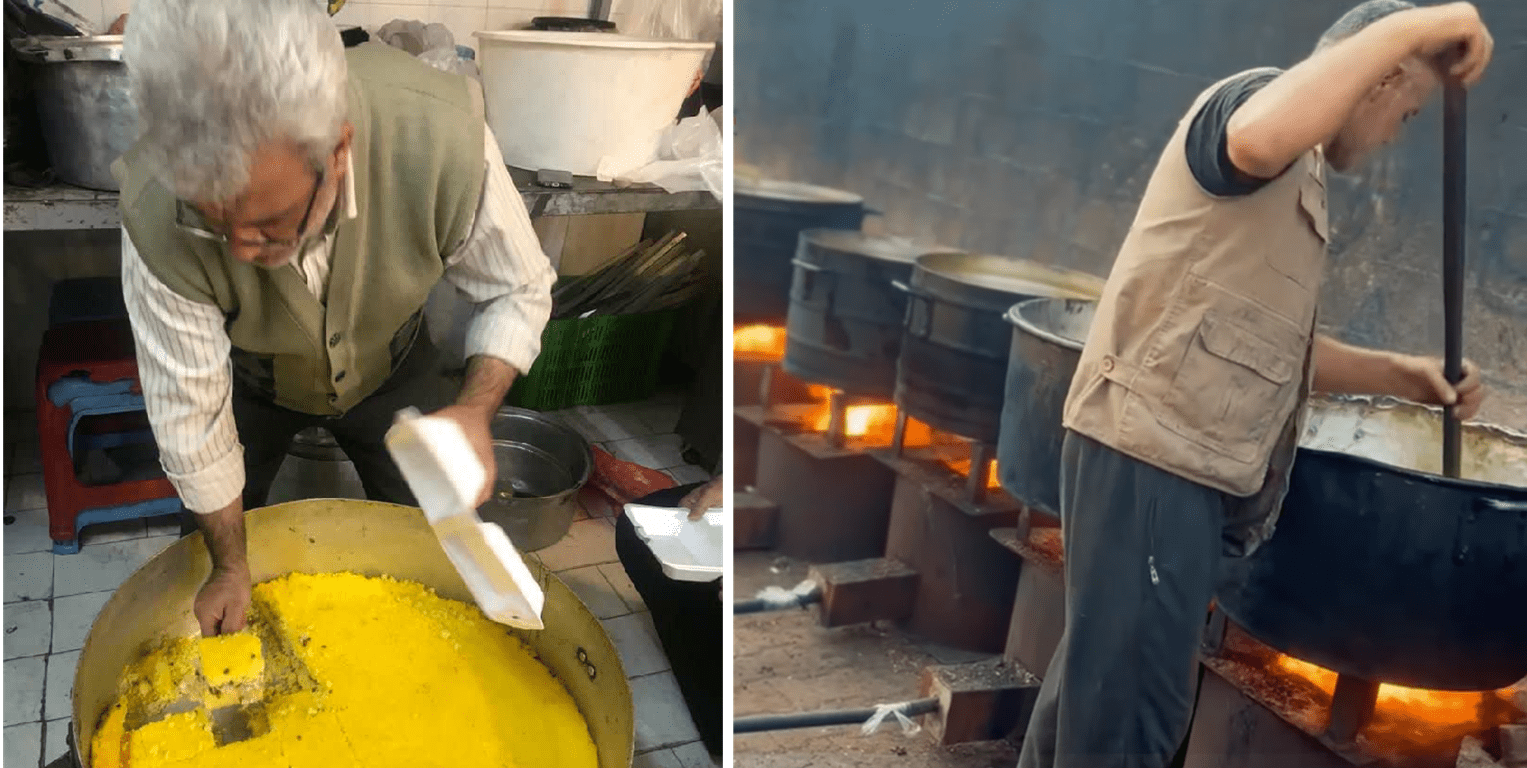 Two men prepare food for relief efforts in Palestine. One serves portions from a large yellow dish, while another stirs a pot over an open fire, symbolizing aid distribution efforts supported by crypto donations, possibly with Bitcoin.