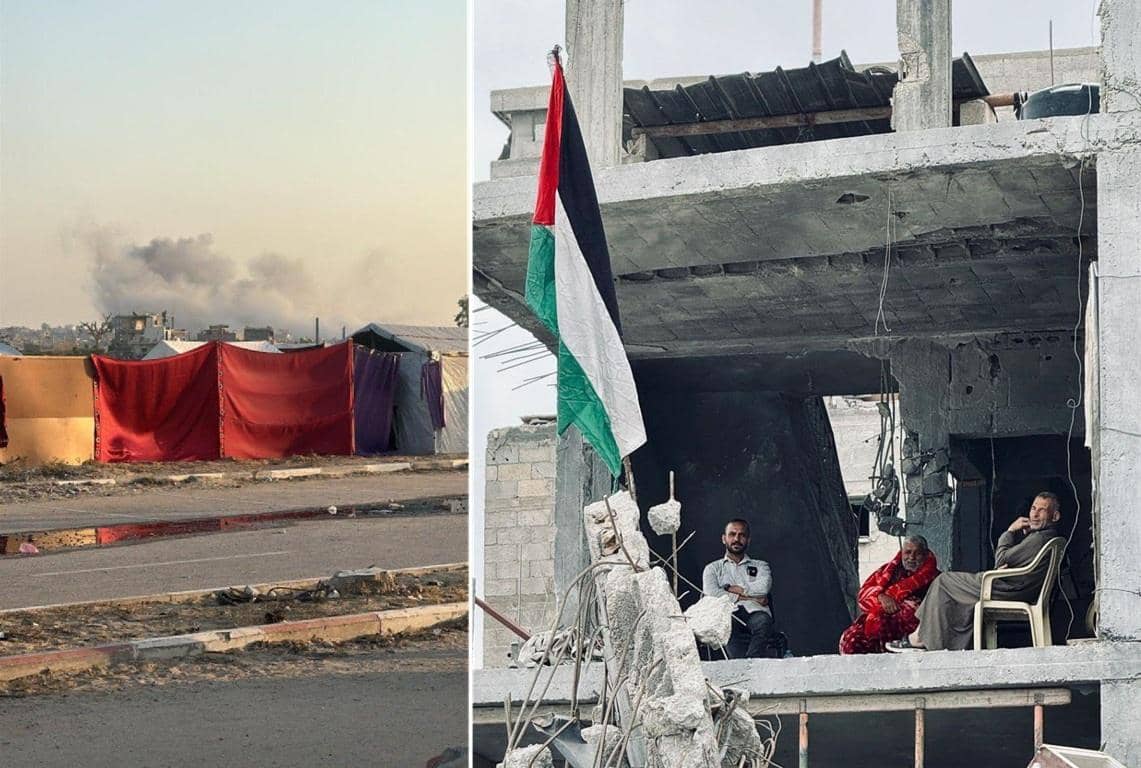 Makeshift tents and a Palestinian flag fly over damaged buildings, symbolizing the urgent need for humanitarian aid and crypto donations like BTC for families in crisis.