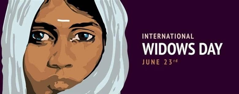 International Widows Day banner with artwork of a woman in a headscarf and text on a purple background. Keywords: Widows Day, building strength, community, solidarity, support widows. Supported by crypto donation via RLUSD.