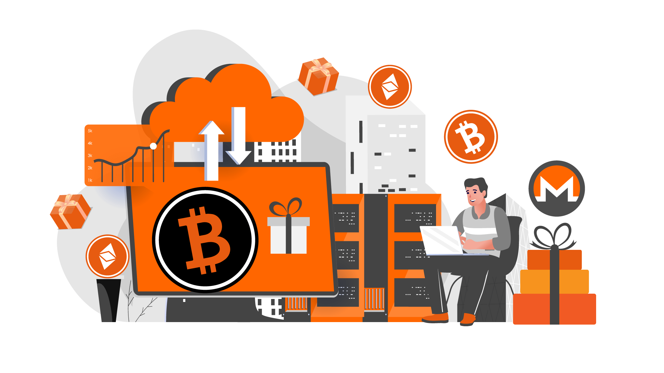 Man donating crypto via laptop, with Bitcoin and Ethereum logos, gift boxes, and building graphics symbolizing community empowerment and economic growth. Donations facilitate essential needs, education, and healthcare, uplifting families and communities with the support of RLUSD.