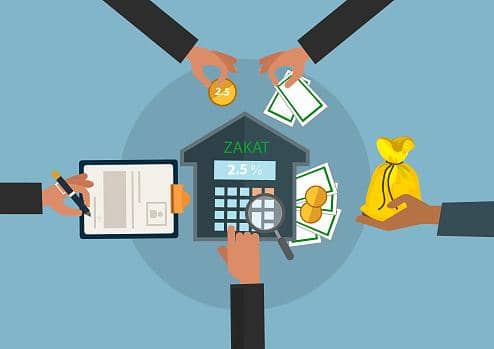 Illustration depicting zakat calculation with a calculator showing 2.5%, coins, cash, and a hand offering a donation bag, symbolizing crypto zakat with ETH contributions.