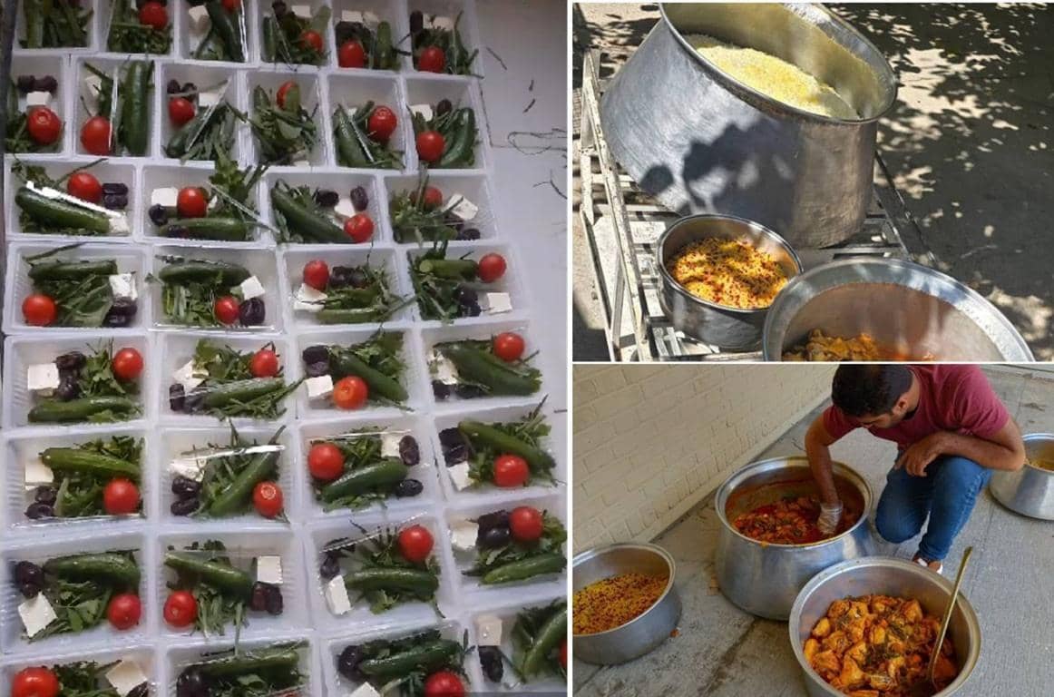 Pre-portioned meals ready for distribution, large pots of cooked rice and stew, and a man packing food, signifying Kaffarah payments supporting charitable food distribution via Ethereum.