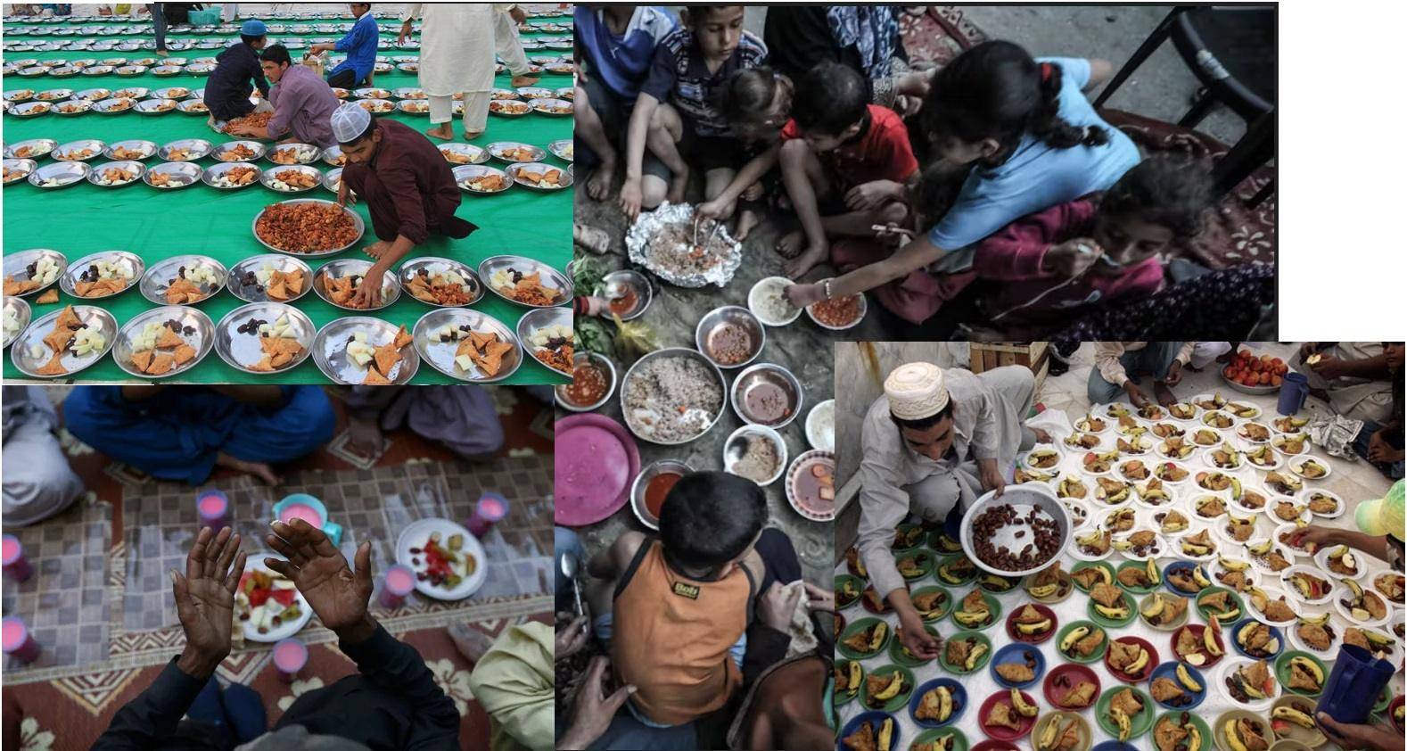 People distributing food plates to children and adults in need, highlighting Kaffarah for breaking Ramadan fast, facilitated by crypto donations like ETH.