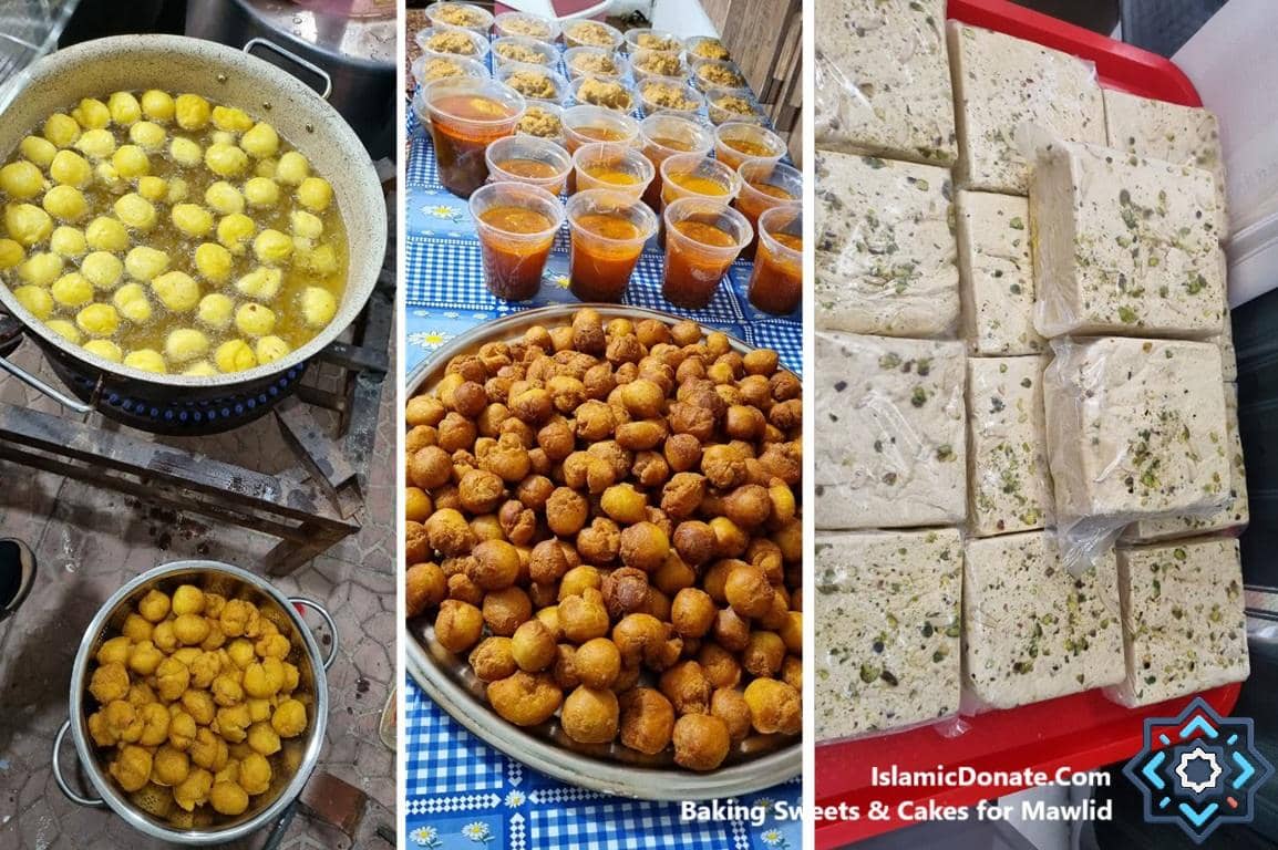 Generous crypto giving for Mawlid, featuring sweet treats baking, served in cups with portions of food, and stacked halva with pistachios, all supporting the Muslim community with ETH donations.