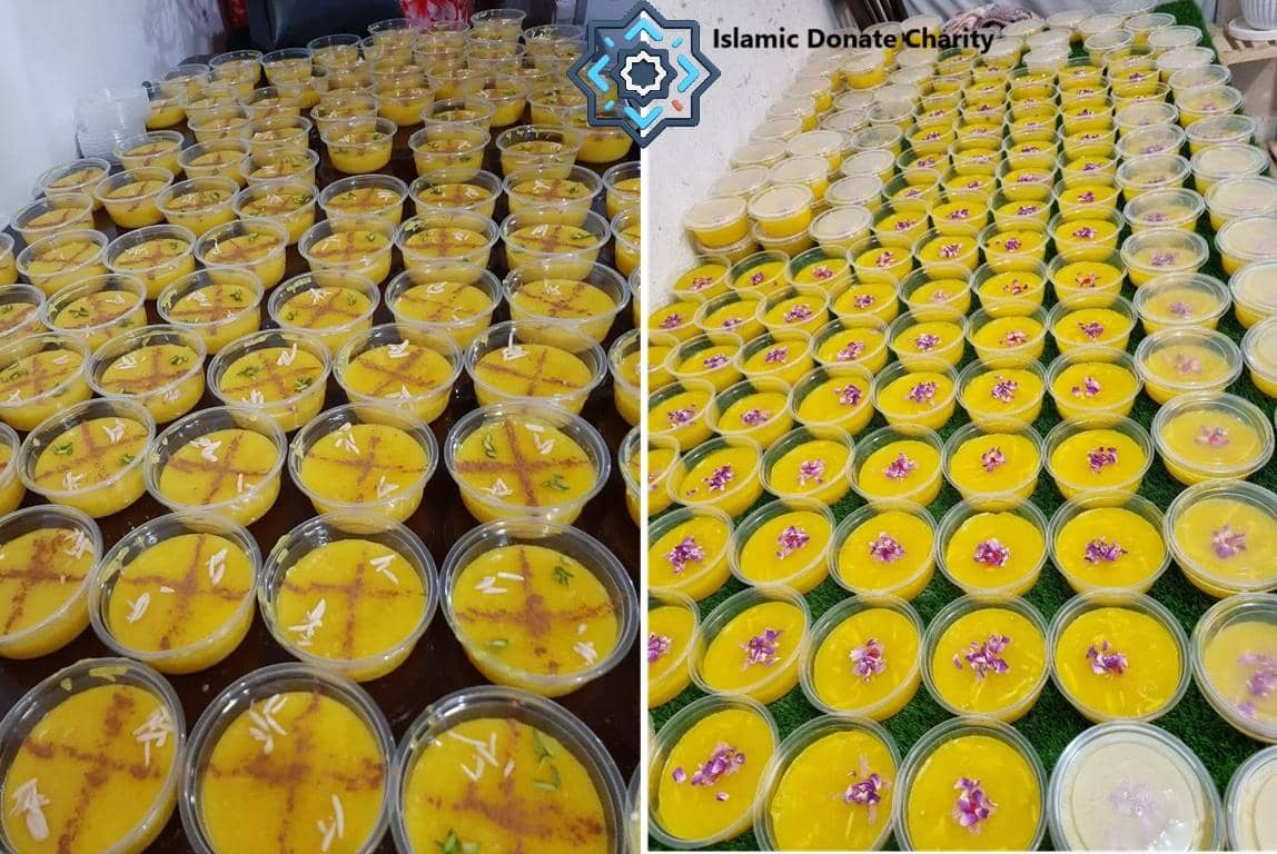 Numerous small servings of traditional yellow dessert, likely halva or a similar sweet pudding, are neatly arranged in clear plastic containers. Some are garnished with cinnamon and slivered almonds, others with delicate purple edible flowers. This depiction highlights community food distribution, showing generosity and acts of kindness, facilitated by crypto donations like BTC.