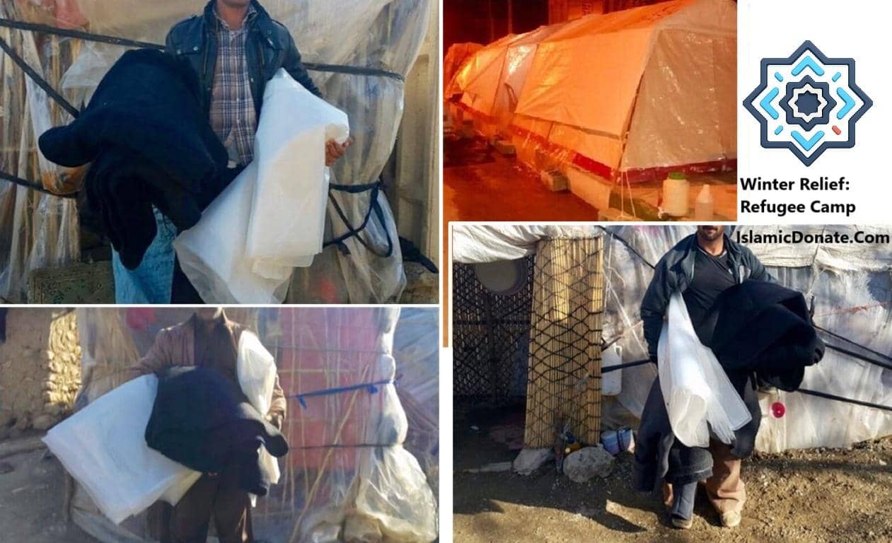 Staff member distributing winter aid in a refugee camp, including blankets and sheeting, with support from a Ripple (XRP) crypto donation to Islamic Donate Charity for winter relief in war-torn areas.