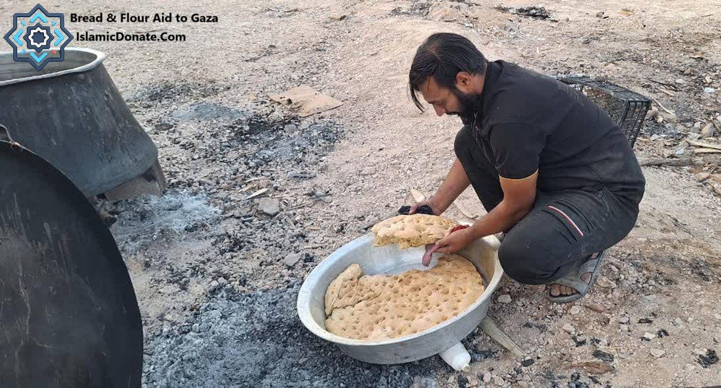 A man places freshly baked flatbread into a large basin, symbolizing critical food aid and support for Gaza, facilitated by crypto donations via USDe.