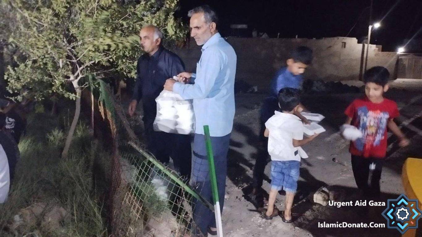 Men and children receive aid packages, implying crypto support with PYUSD for urgent aid in Gaza, providing food and essentials.