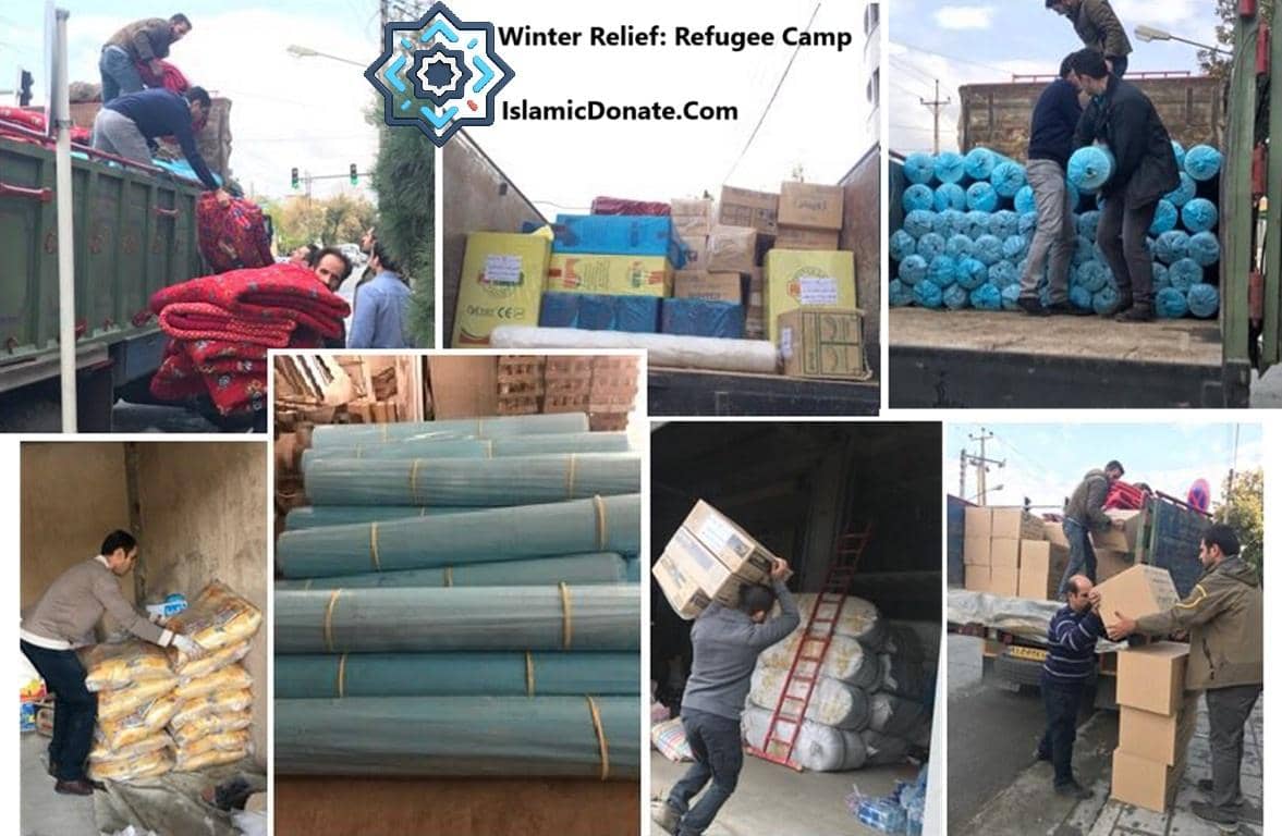 Winter relief supplies being loaded into trucks, including blankets, building materials, and boxes of aid, with people working together. Your crypto donation with LTC can provide essential winter aid.