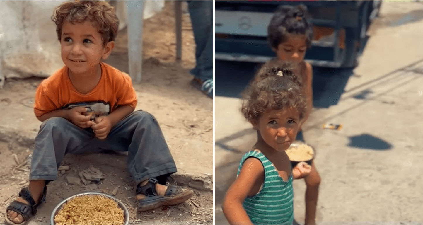 Children in Gaza receiving food aid, highlighting the urgent need for humanitarian support, with donations facilitated by crypto like BNB to bypass barriers.