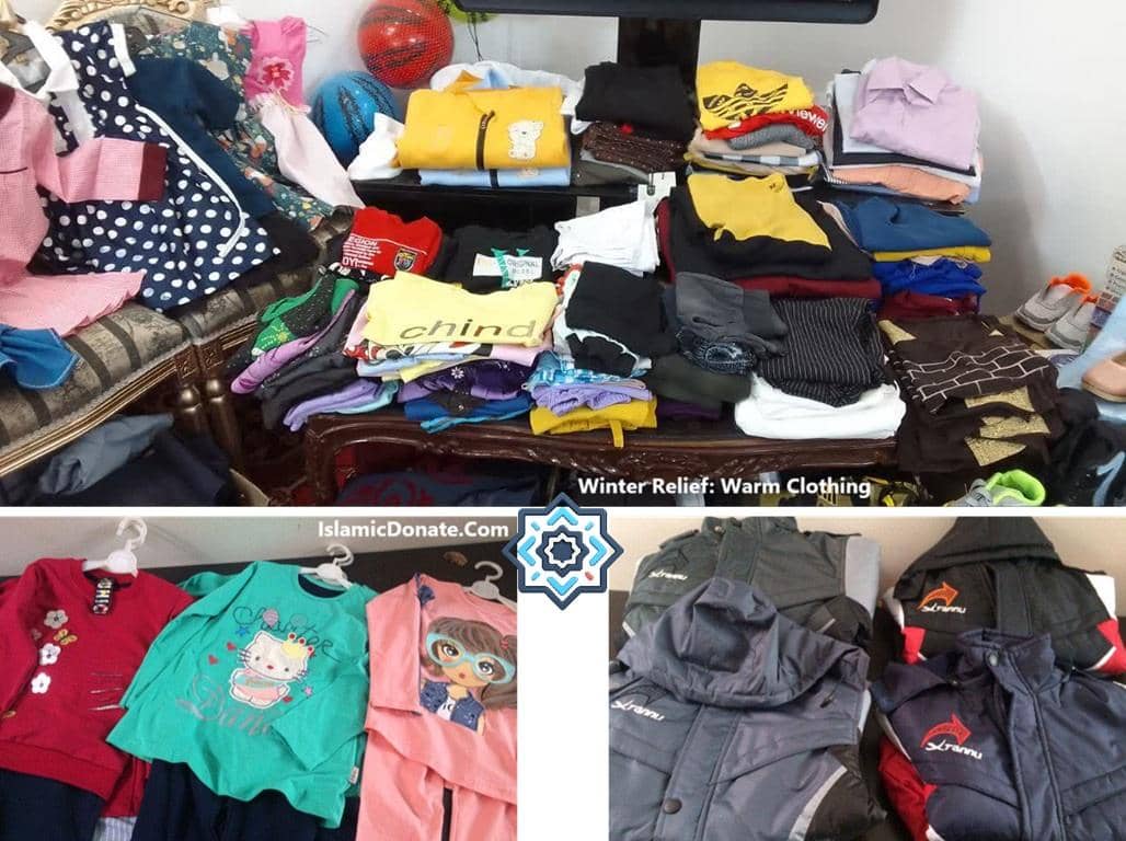 Winter clothes and blankets donated via crypto, like ETH, for families in need during winter relief efforts.